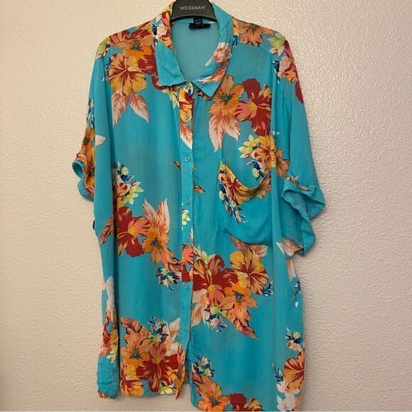 A.N.A. Aqua blue Hawaiian Tropical Button Up rayon lightweight blouse top L - Picture 2 of 8
